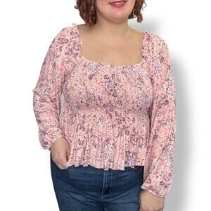 Bloomfield pale pink floral mesh long sleeve smocked top size XL